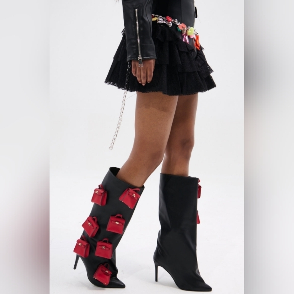 AZALEA WANG "MICRO-MUSE STILLETO" Stylish Black/ Red Knee High Boots(BRAND NEW!!